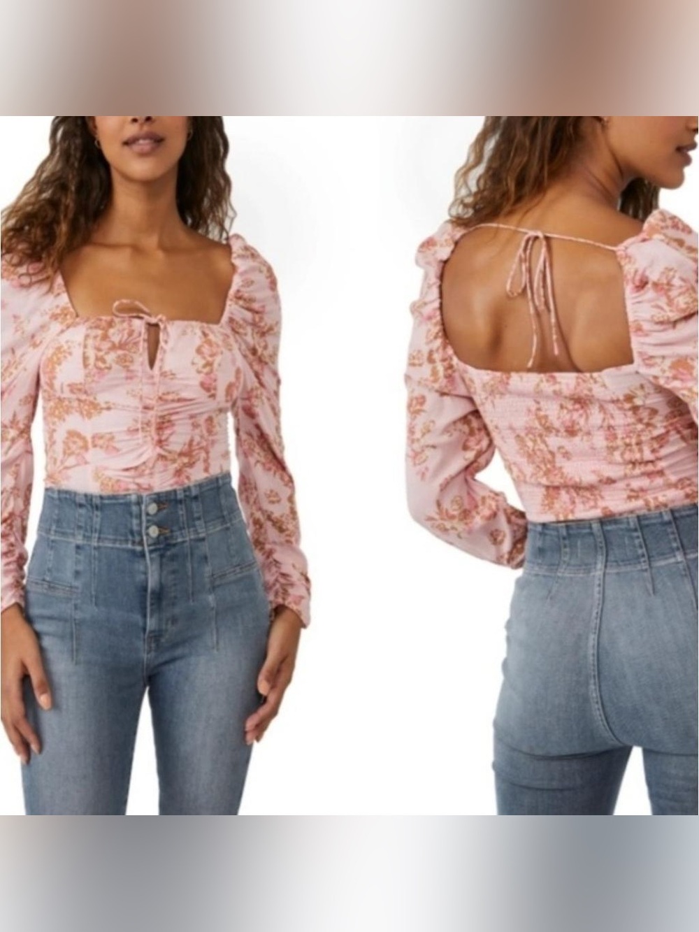 Free People Hilary Printed Top in Pink Combo  Floral Print Peasant Bohemian XS